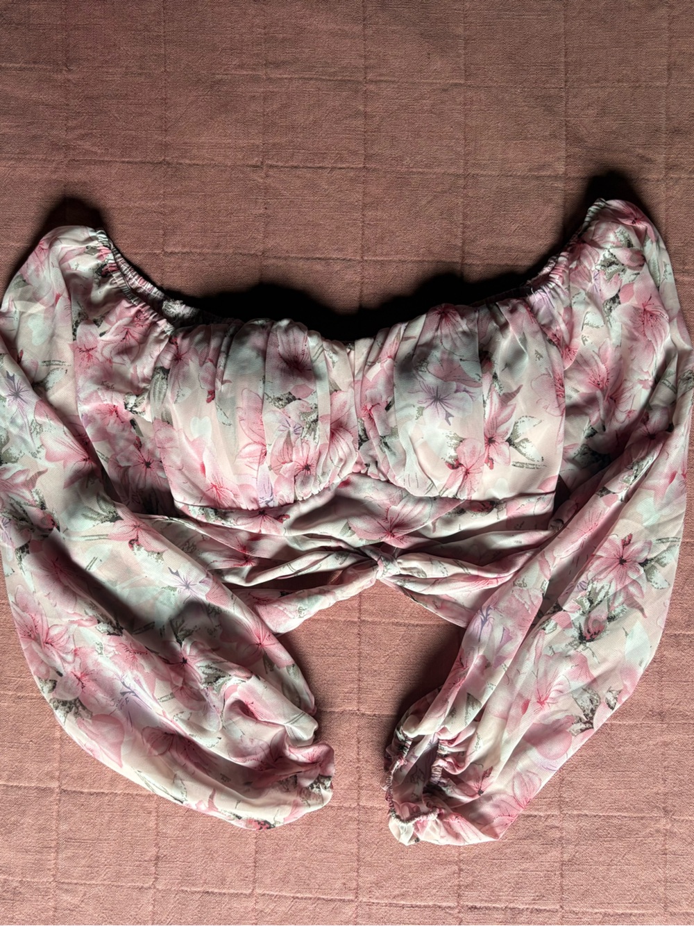 Miss Avenue Pink Floral Tie-Front Puff Sleeve Crop Top- Size M - Picture 3 of 9